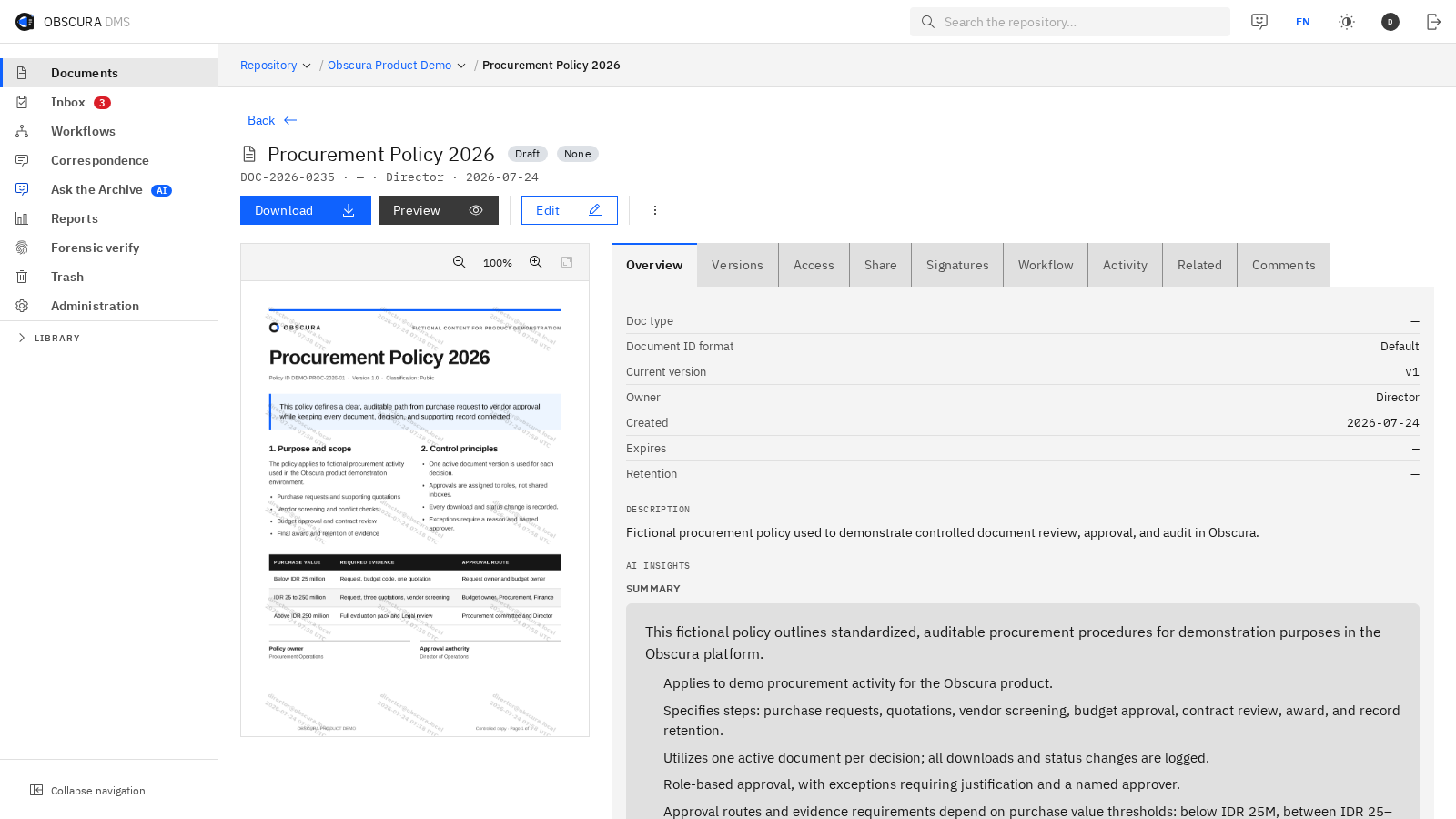 Obscura workspace with a sample document, versions and access settings