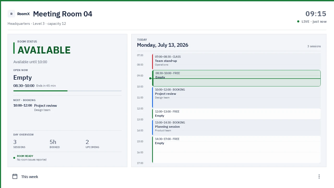 RoomX room-status panel with a sample daily schedule